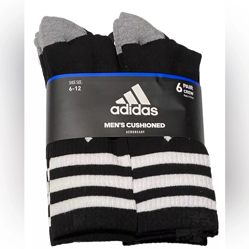 Adidas Men’s Cushioned 3 stripe roller black white crew socks 6 pair pack NEW